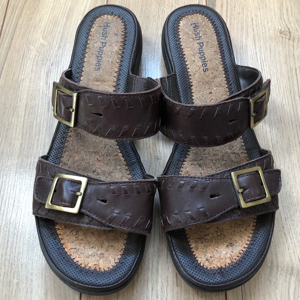 Hush Puppies Women's Brown Leather Buckle Slide Sandals